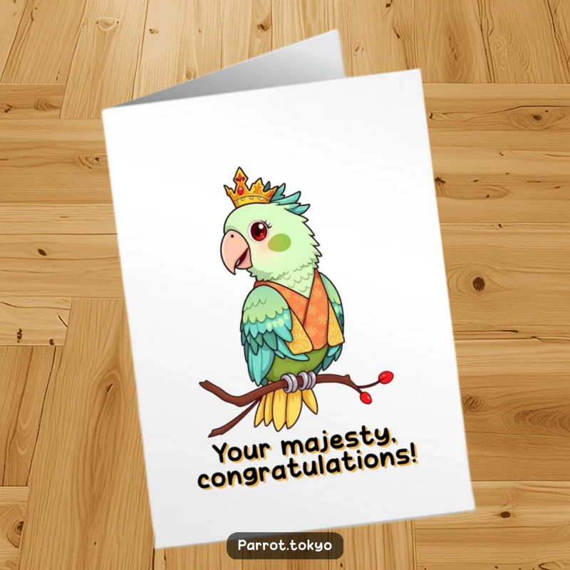Funny Free Printable Congratulations Card: A regal parrot in an ornate kimono perches elegantly, celebrating a grand success.