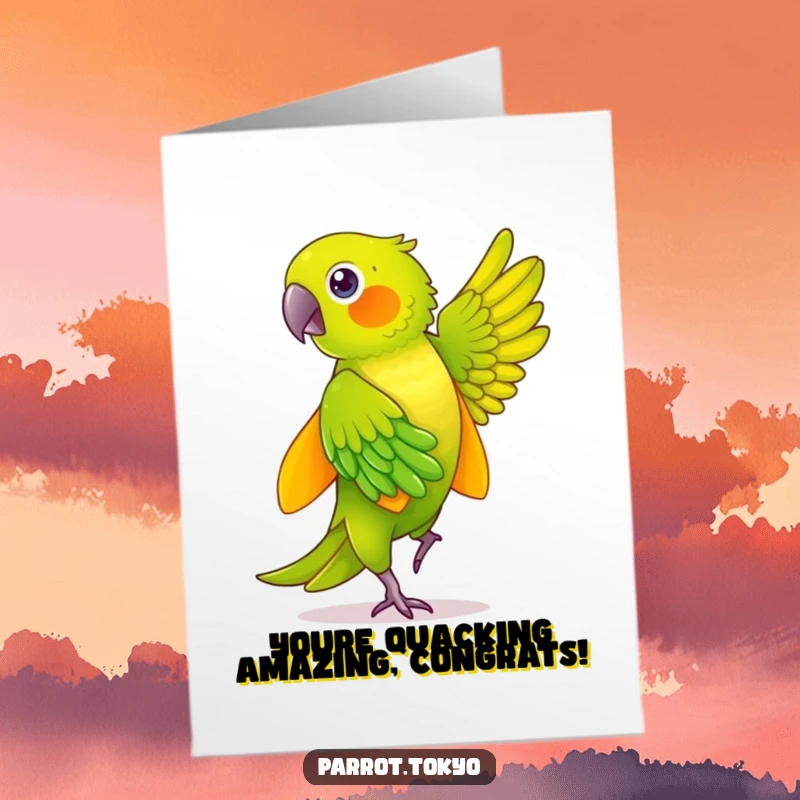 Funny Free Printable Congratulations Card: Green parrot in a yellow kimono dancing with excitement.