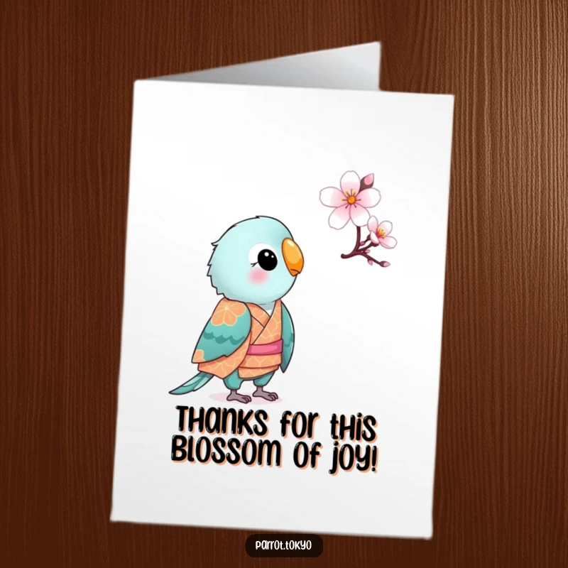Funny Free Printable Thank You Card: Small parrot in a kimono looking curiously at a blooming cherry blossom.
