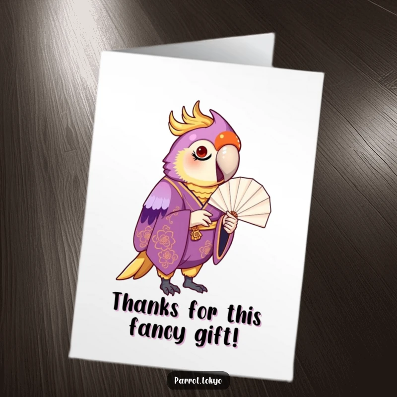 Funny Free Printable Thank You Card: Proud parrot in a purple and gold kimono holding a paper fan.