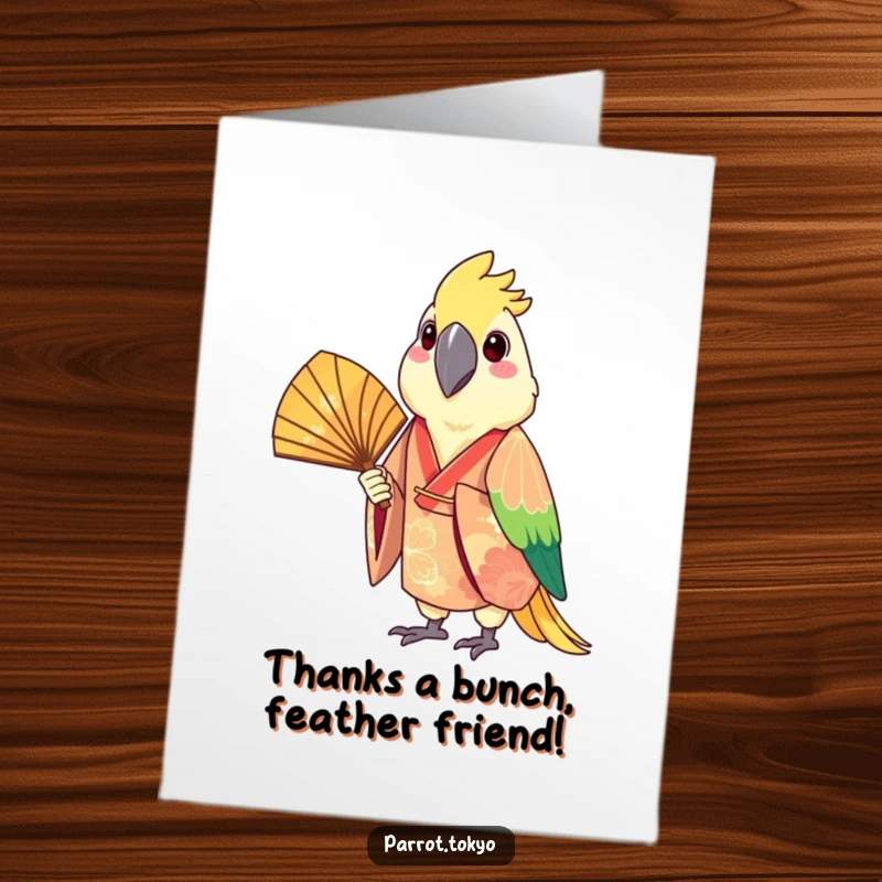 Funny Free Printable Thank You Card: A cheerful parrot in a festive kimono holds a fan, expressing thanks with flair.