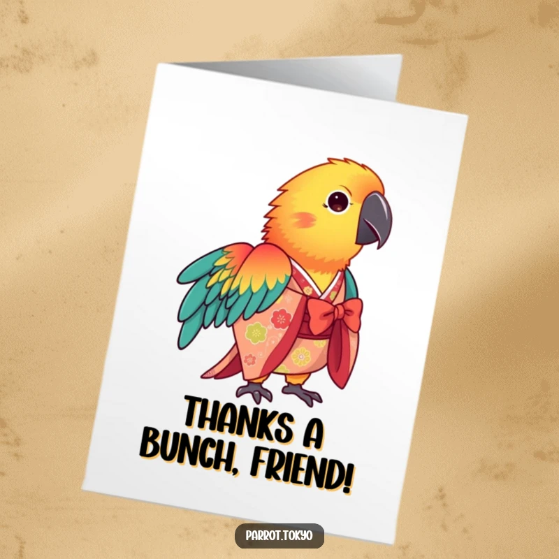 Free printable thank you card of a vibrant parrot in a patterned kimono bowing gracefully.