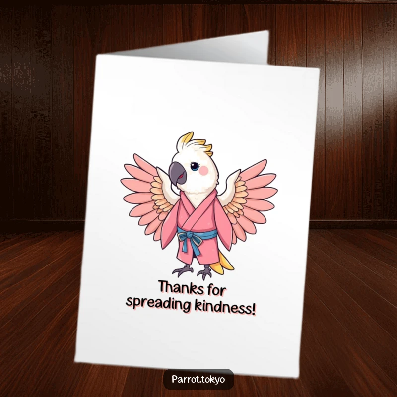 Funny Free Printable Thank You Card: Cheerful parrot in a pink kimono spreading wings gently.