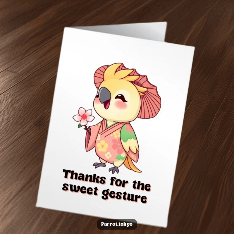 Funny Free Printable Thank You Card: A delighted parrot in a floral kimono offers a tiny blossom as a token of thanks.