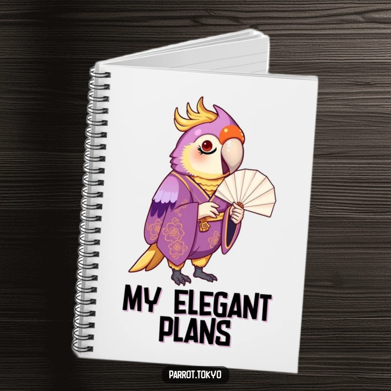 Funny proud parrot in a purple and gold kimono, inspecting a paper fan, featured on a funny and elegant notebook.