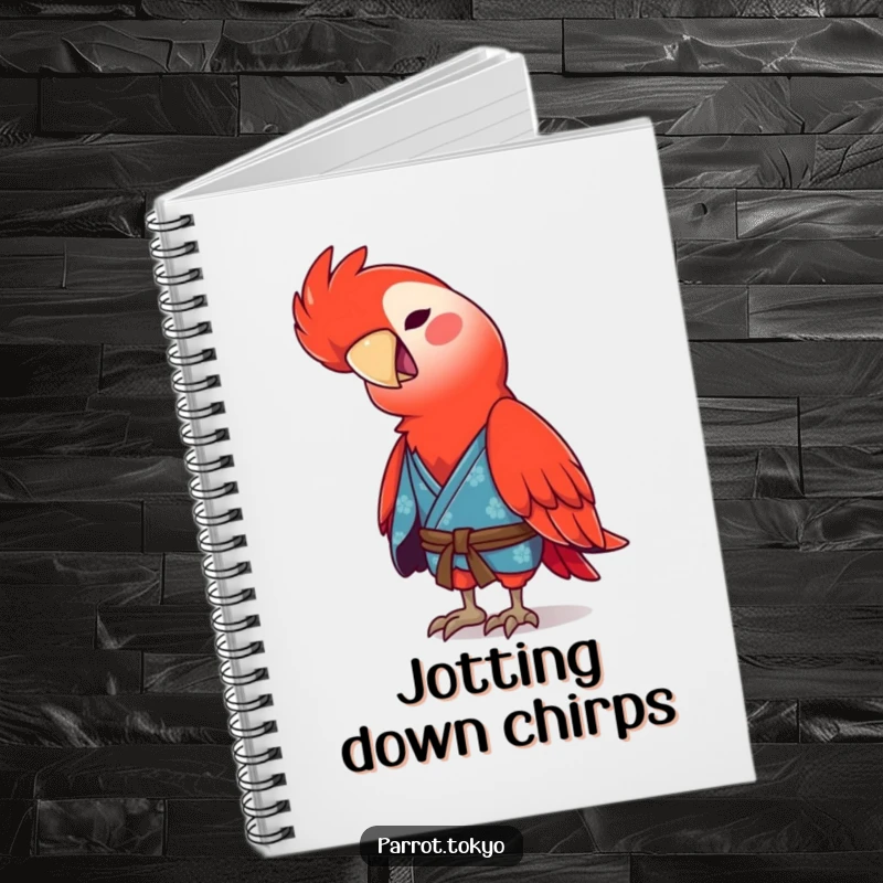 Funny red parrot in a blue kimono, tilting its head with a chirp, featured on a funny and functional notebook.