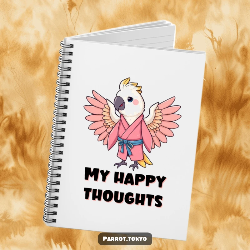 Funny cheerful parrot in a pink kimono, spreading its wings in a gentle arc, featured on a funny and cheerful notebook.