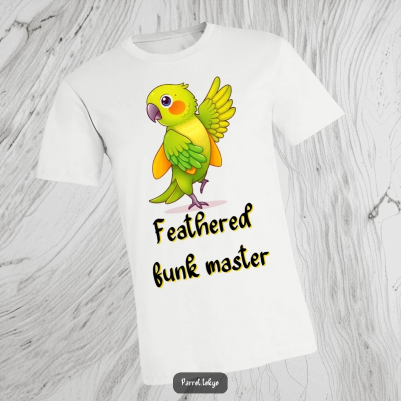 Funny green parrot performing a graceful dance in a vibrant yellow kimono, feathers sparkling, on a comfortable t-shirt.