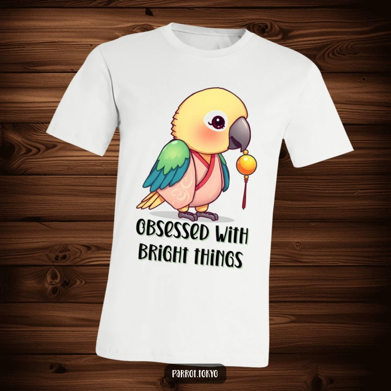 Funny t-shirt with a curious parrot in a silk kimono, captivated by a shiny bead. Playful and intriguing design.