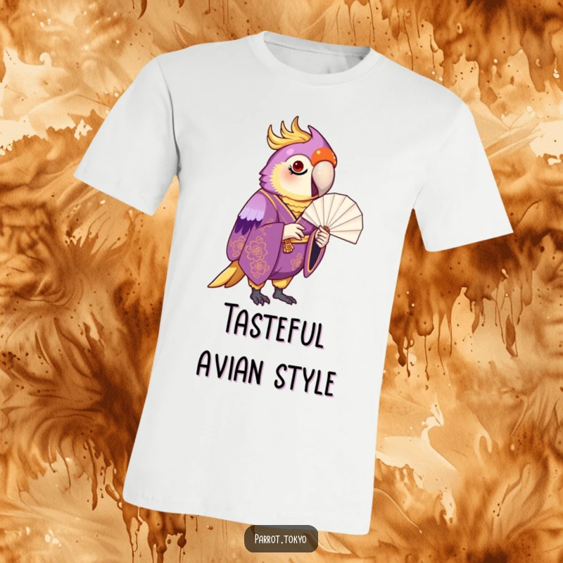 Funny proud parrot adorned in a purple and gold kimono, inspecting a delicate paper fan, on a stylish t-shirt.