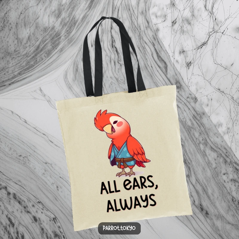 Funny red parrot wearing a blue kimono, tilting its head with a chirp, on a stylish and humorous tote bag.