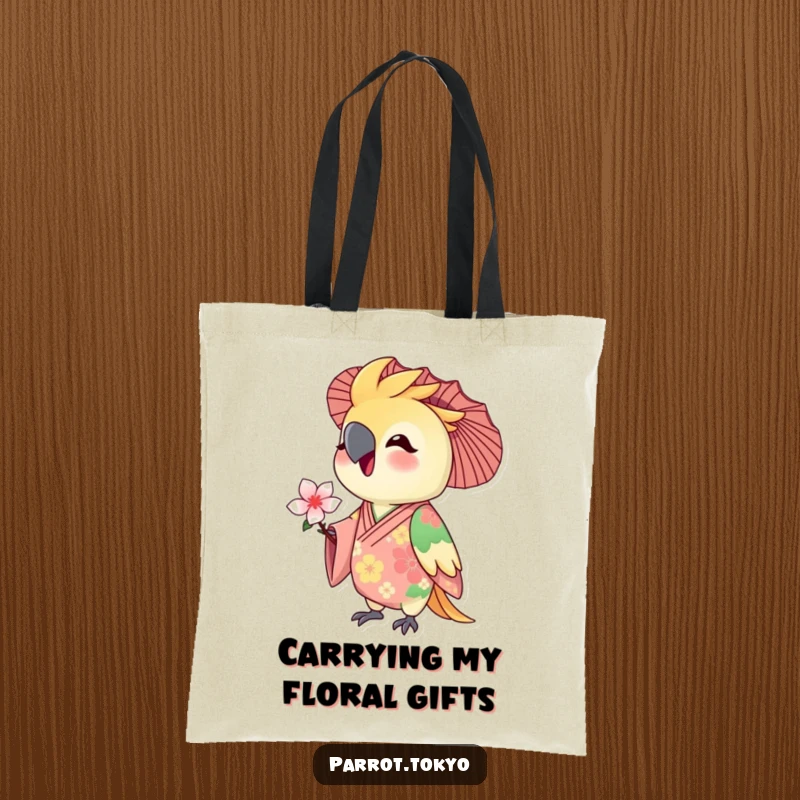 Funny tote bag featuring a delighted parrot in a floral kimono, holding a delicate blossom. Practical and charming.