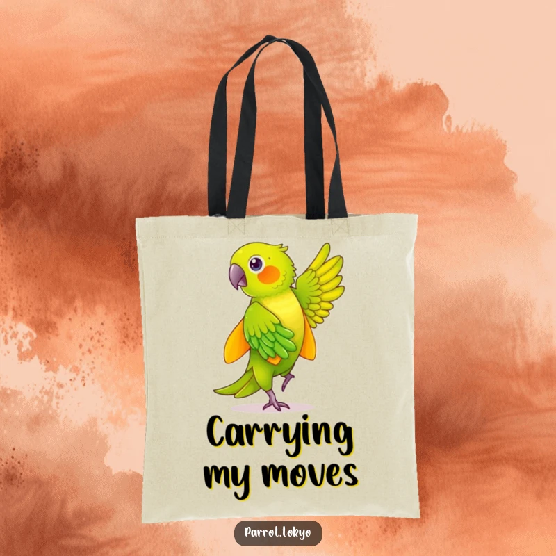 Funny green parrot in a yellow kimono, captured mid-dance with shimmering feathers, on a spacious and humorous tote bag.