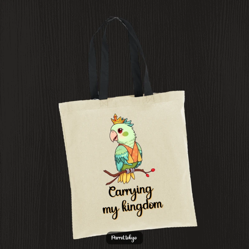 Funny tote bag showcasing a regal parrot in an ornate kimono, perched elegantly. Practical and refined.