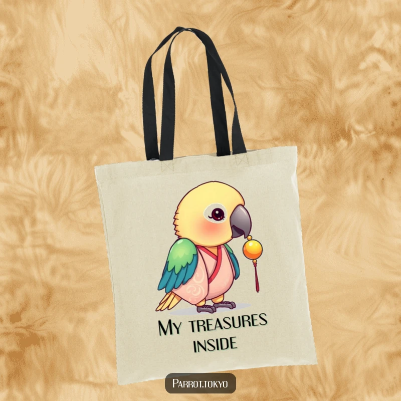 Funny tote bag showcasing a curious parrot in a silk kimono, focused on a shiny bead. Practical and intriguing.