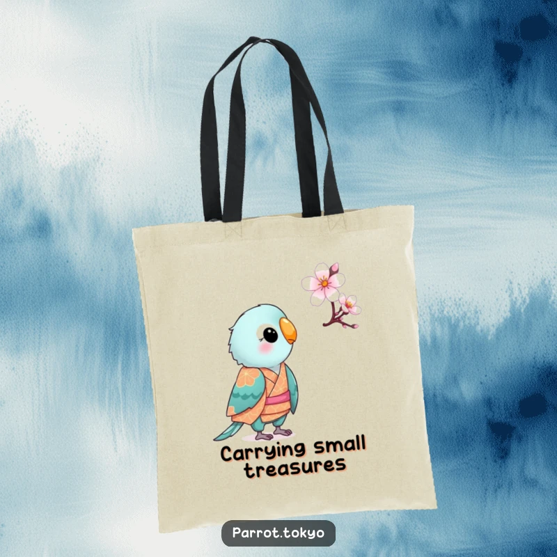 Funny small parrot in a patterned kimono, looking curiously at a blooming cherry blossom, on a charming and humorous tote bag.